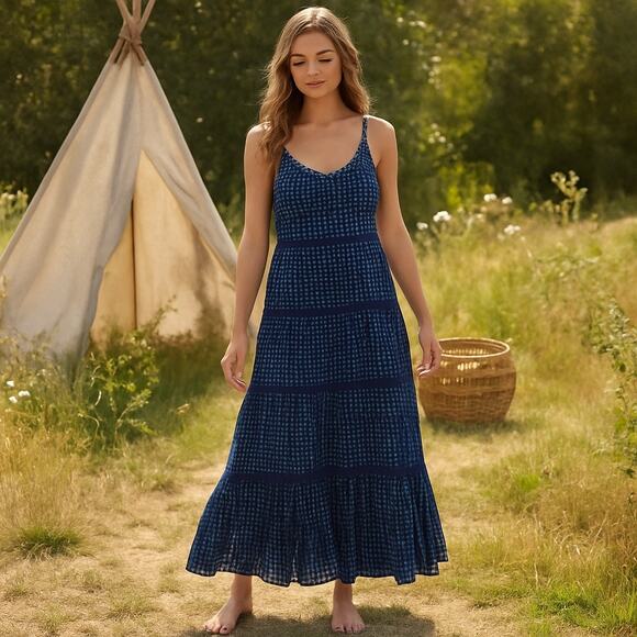 FREE PEOPLE Midnight Dance Maxi Dress Navy Blue Tiered Ruffle Beach Boho Sz S - Picture 2 of 10